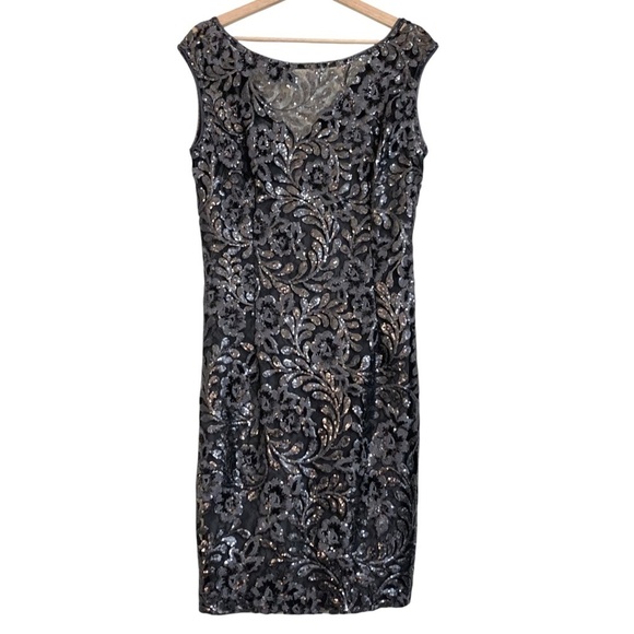 LAUREN RALPH LAUREN Sequined Lace Overlay Sheath Dress Deep Gray - Picture 10 of 14